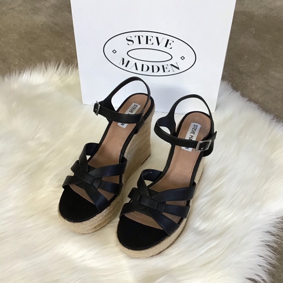 STEVE MADDEN Black Leather Espadrille Wedge Sandals - Picture 5 of 6